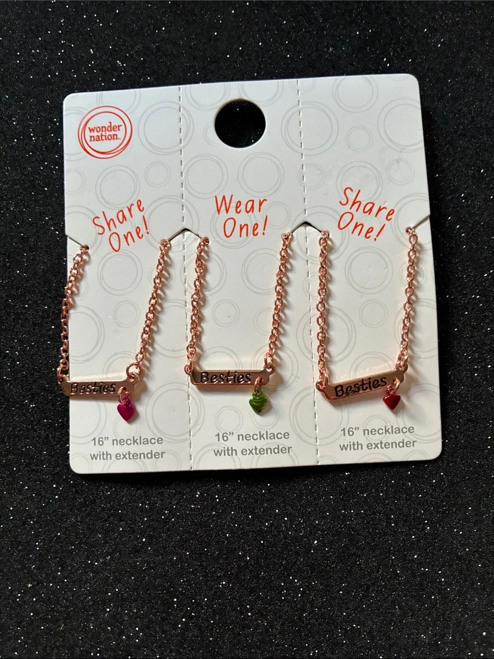 wonder nation Rose Gold Besties Necklace Set with Pink, Green, and Red Hearts